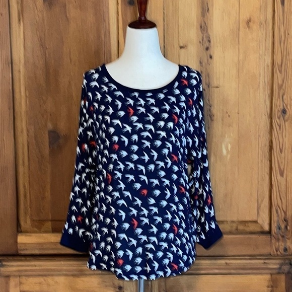 MAUVE ANTHRO RED WHITE & BLUE SWALLOW BIRDS BLOUSE Sz. 2 - Picture 2 of 12